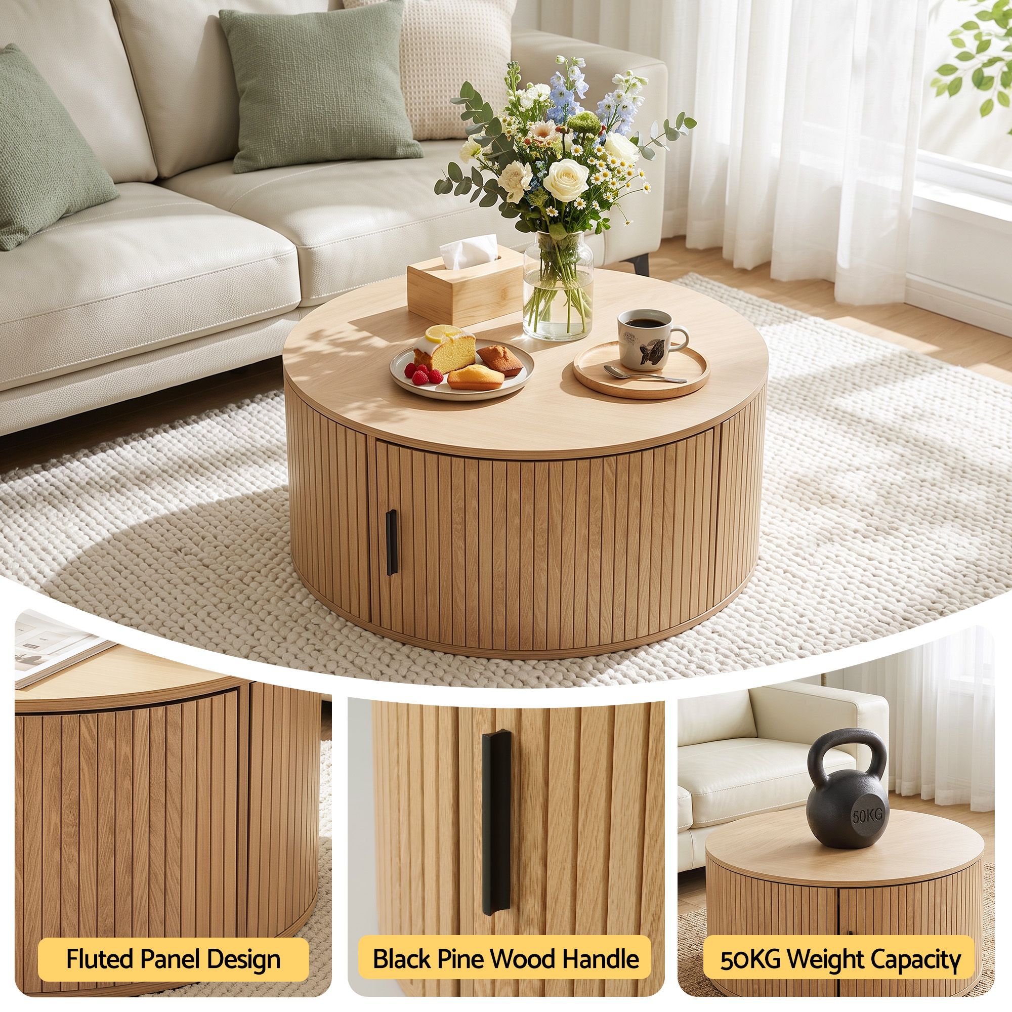 Maelle Fluted Round Coffee Table with Storage 80cm