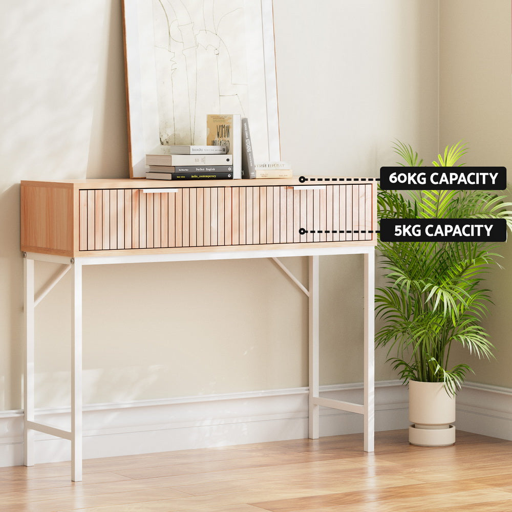 2-Drawer Fluted Console Table - White & Pine - Homecoze