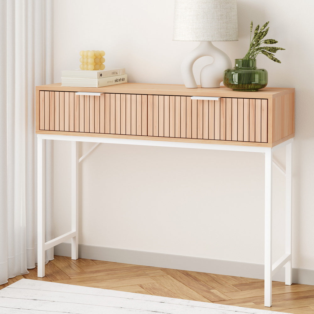 2-Drawer Fluted Console Table - White & Pine - Homecoze