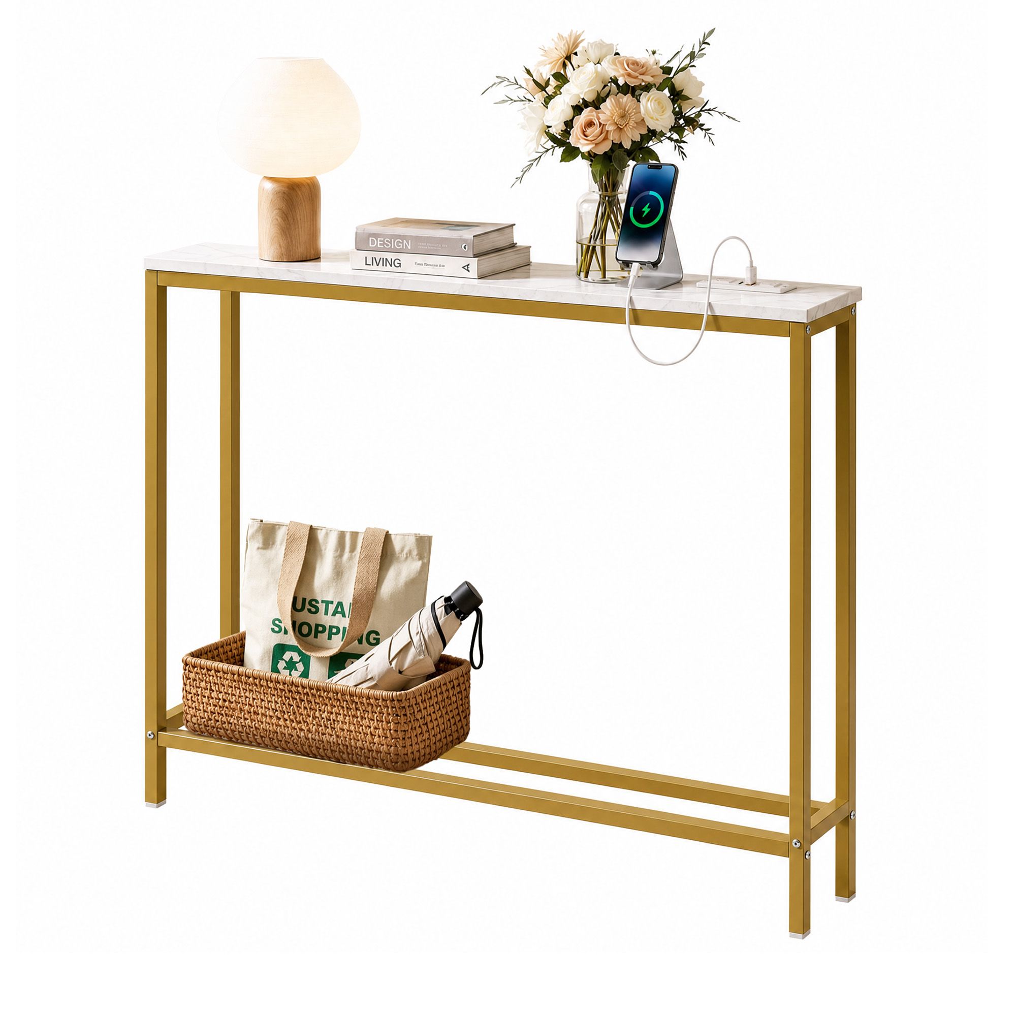 Talia Ultra Narrow Charging Console Table – White & Gold