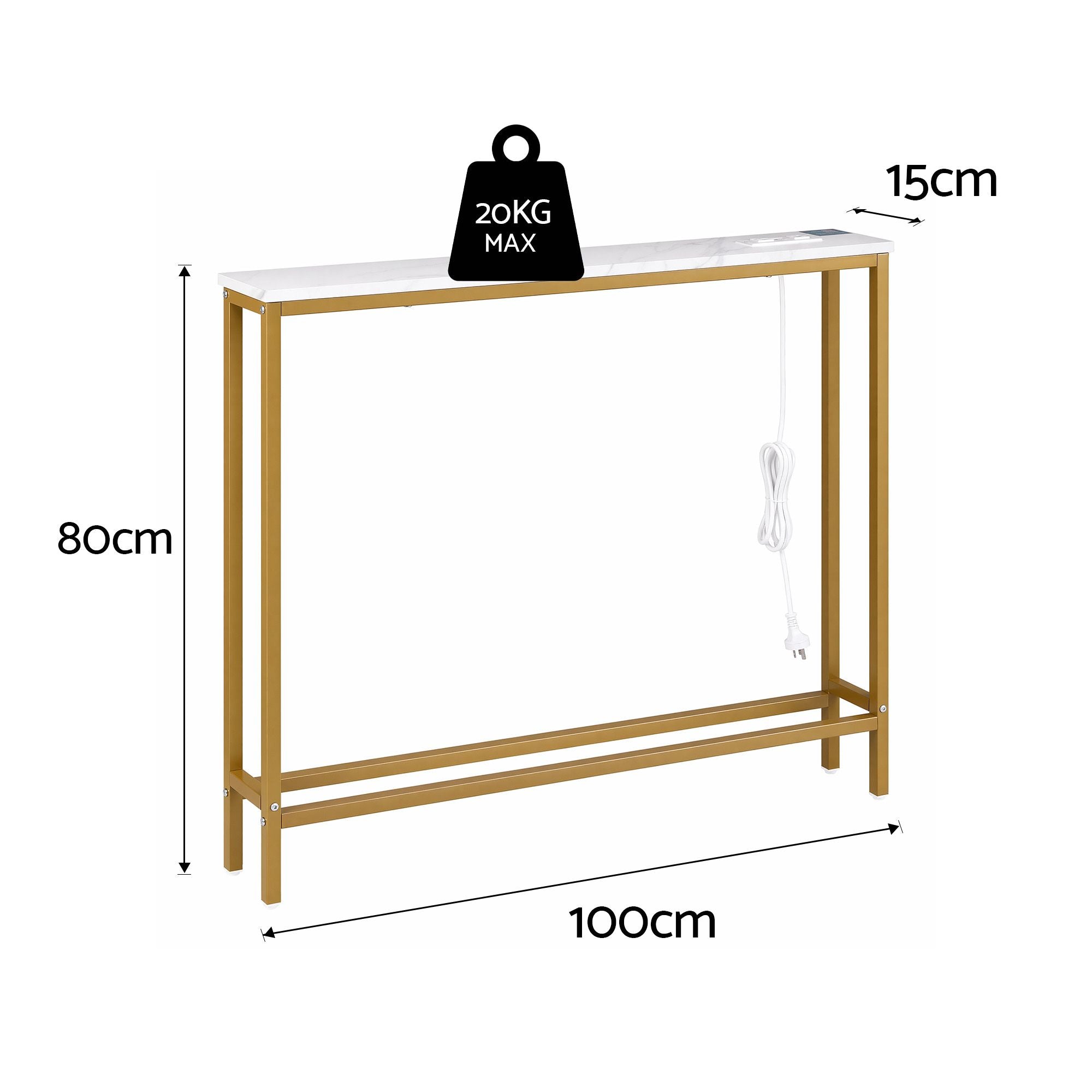 Talia Ultra Narrow Charging Console Table – White & Gold