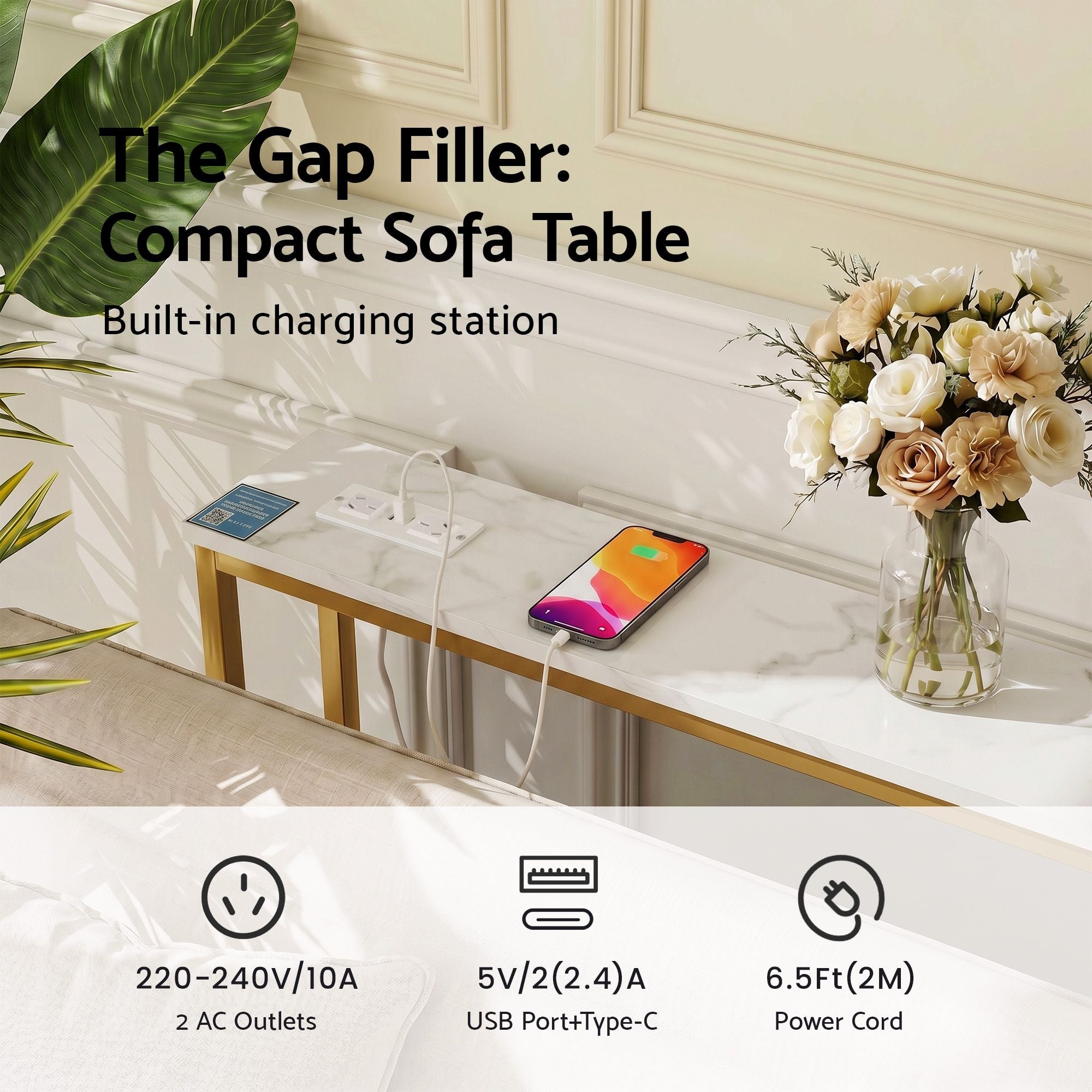 Talia Ultra Narrow Charging Console Table – White & Gold