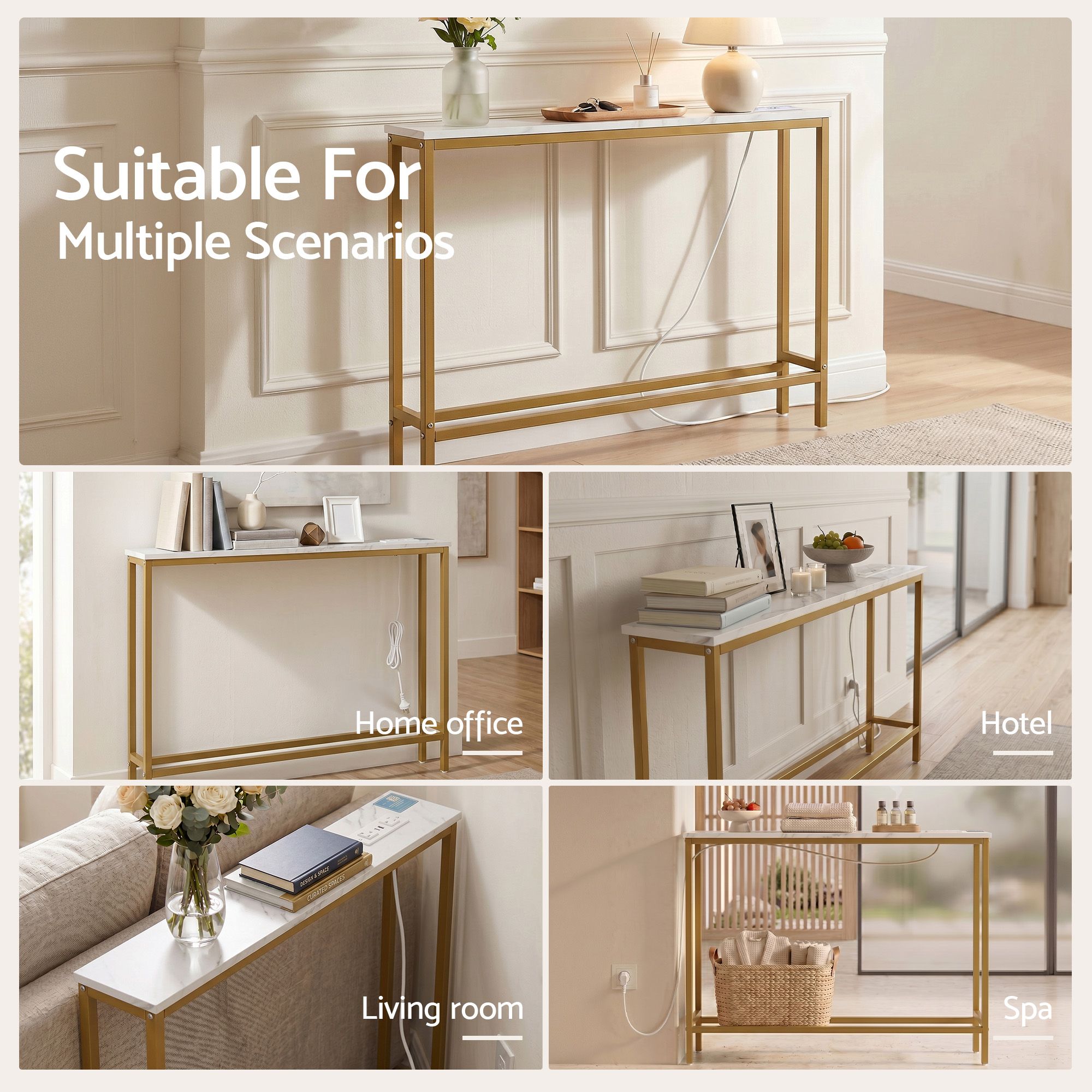 Talia Ultra Narrow Charging Console Table – White & Gold