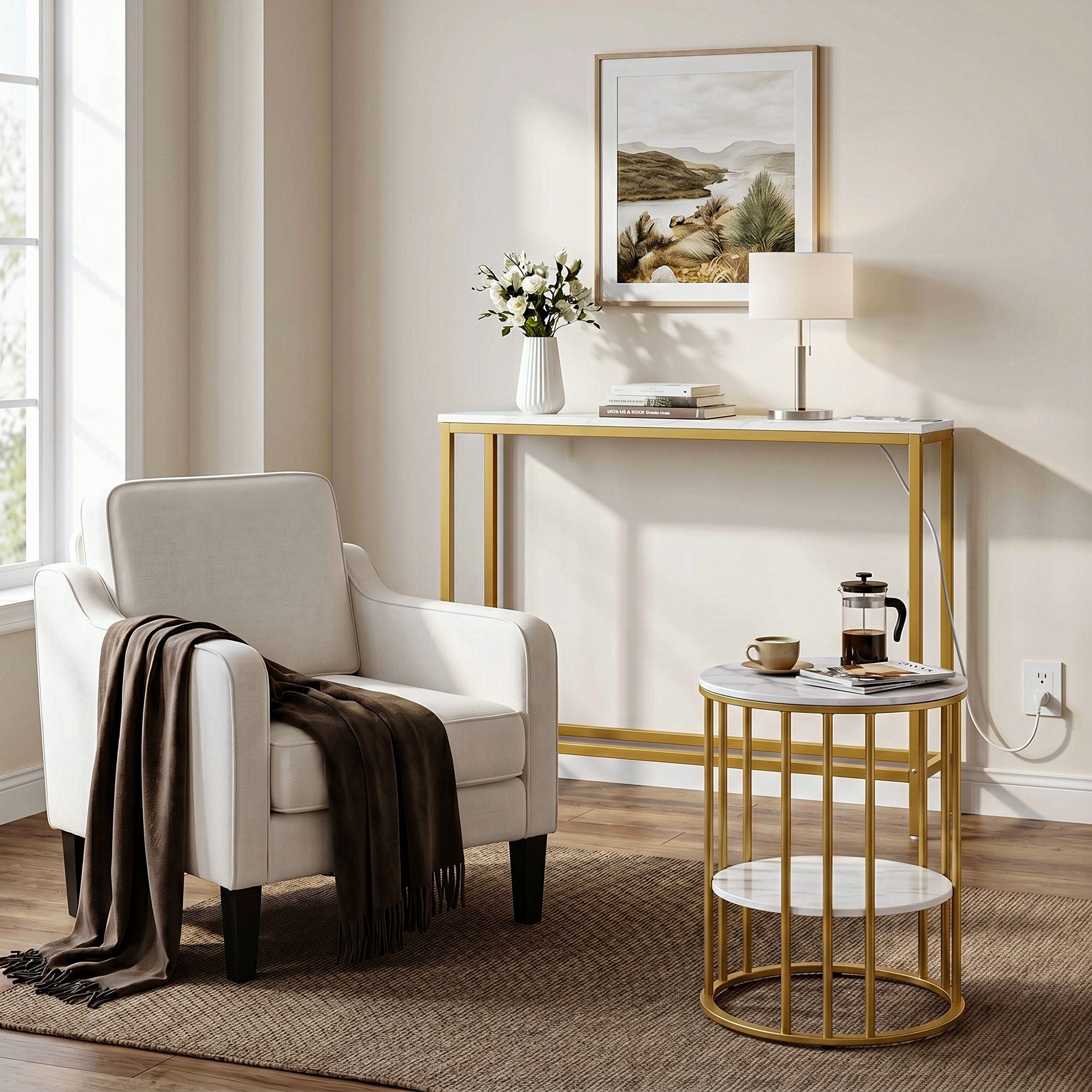 Talia Ultra Narrow Charging Console Table – White & Gold