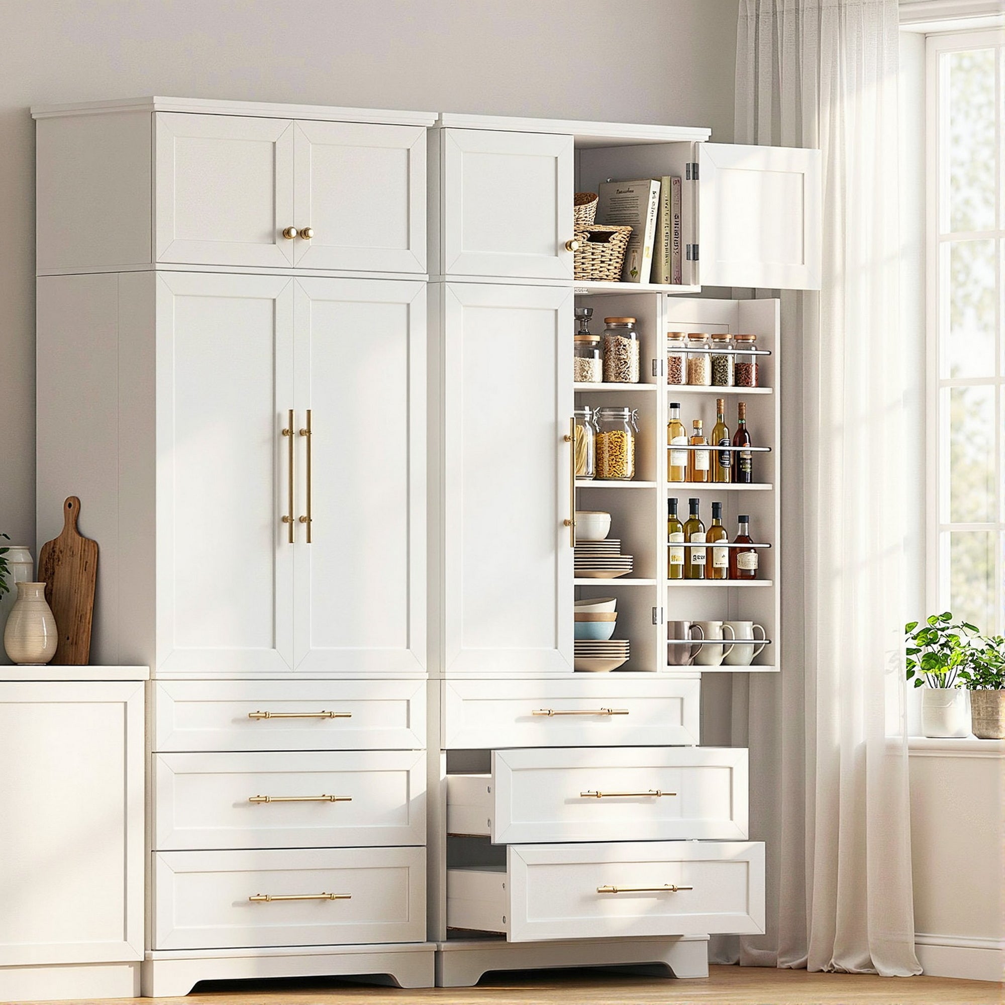 Annalise (Set of 2) Hamptons Kitchen Pantry Storage Cabinets - White