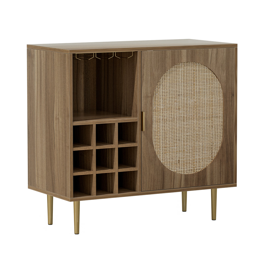 Retro Modern Classic Rattan Buffet Sideboard Wine Storage Rack - Dark Oak - Homecoze