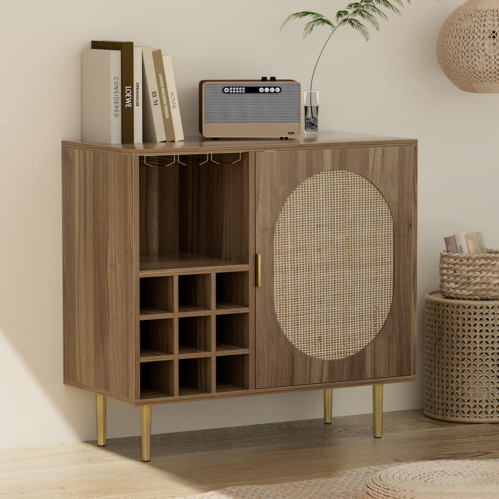 Retro Modern Classic Rattan Buffet Sideboard Wine Storage Rack - Dark Oak - Homecoze
