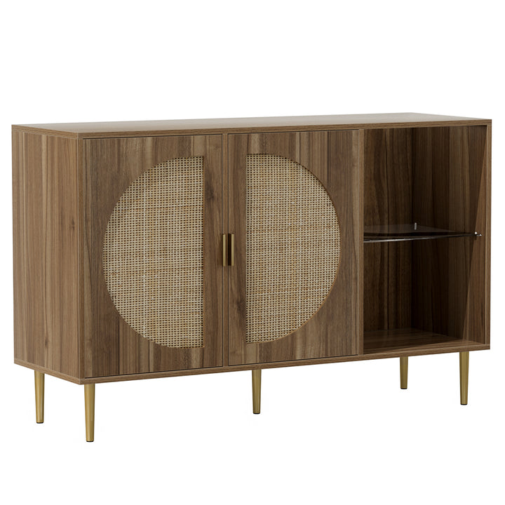 Retro Modern Classic Rattan Buffet Sideboard 2 Door Storage Cupboard - Dark Oak - Homecoze