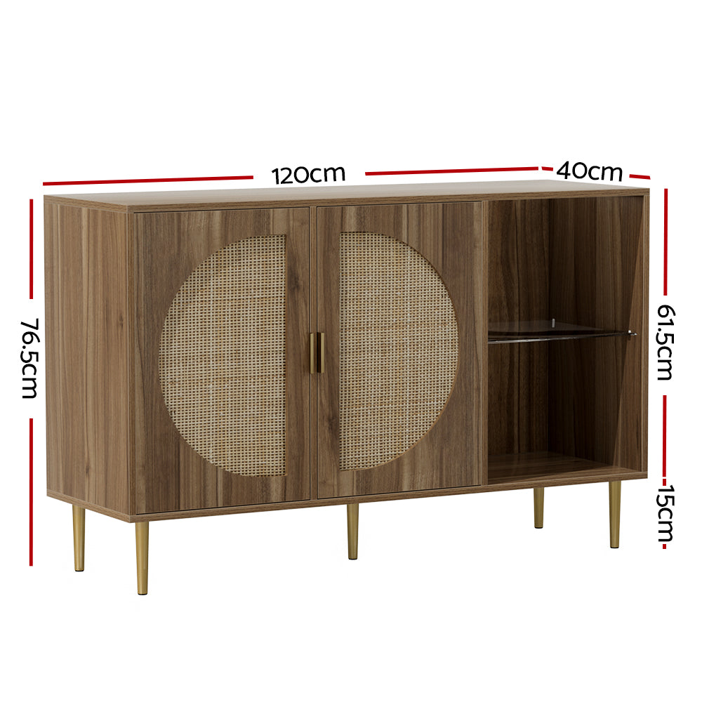 Retro Modern Classic Rattan Buffet Sideboard 2 Door Storage Cupboard - Dark Oak - Homecoze