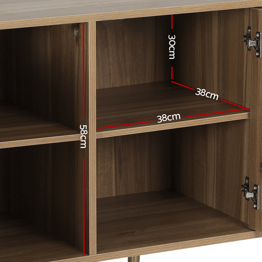 Retro Modern Classic Rattan Buffet Sideboard 2 Door Storage Cupboard - Dark Oak - Homecoze