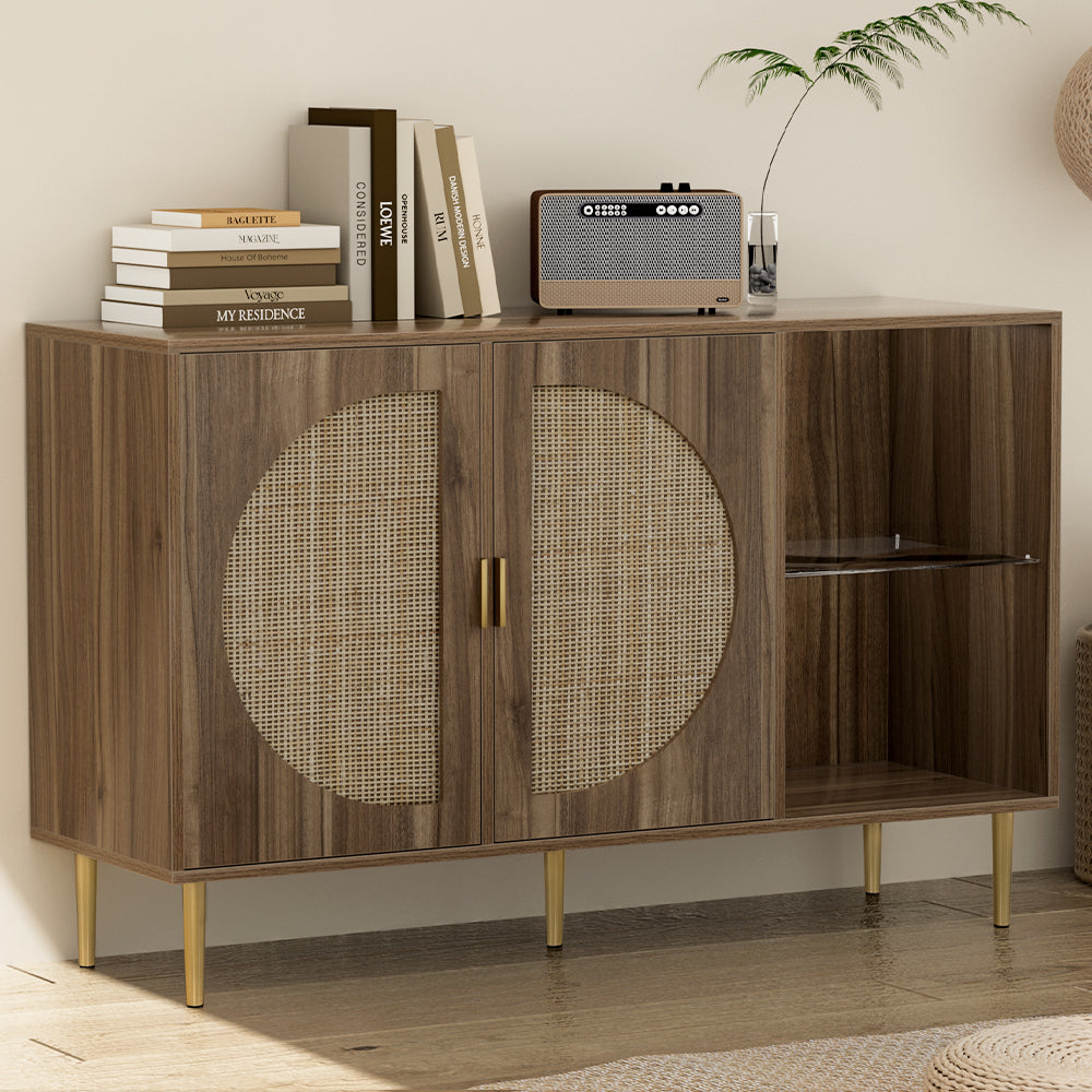 Retro Modern Classic Rattan Buffet Sideboard 2 Door Storage Cupboard - Dark Oak - Homecoze