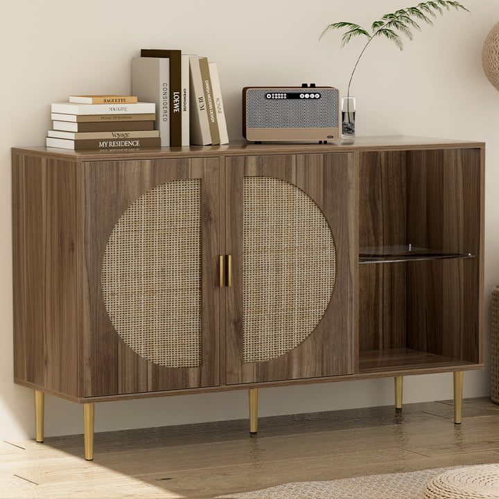 Retro Modern Classic Rattan Buffet Sideboard 2 Door Storage Cupboard - Dark Oak - Homecoze