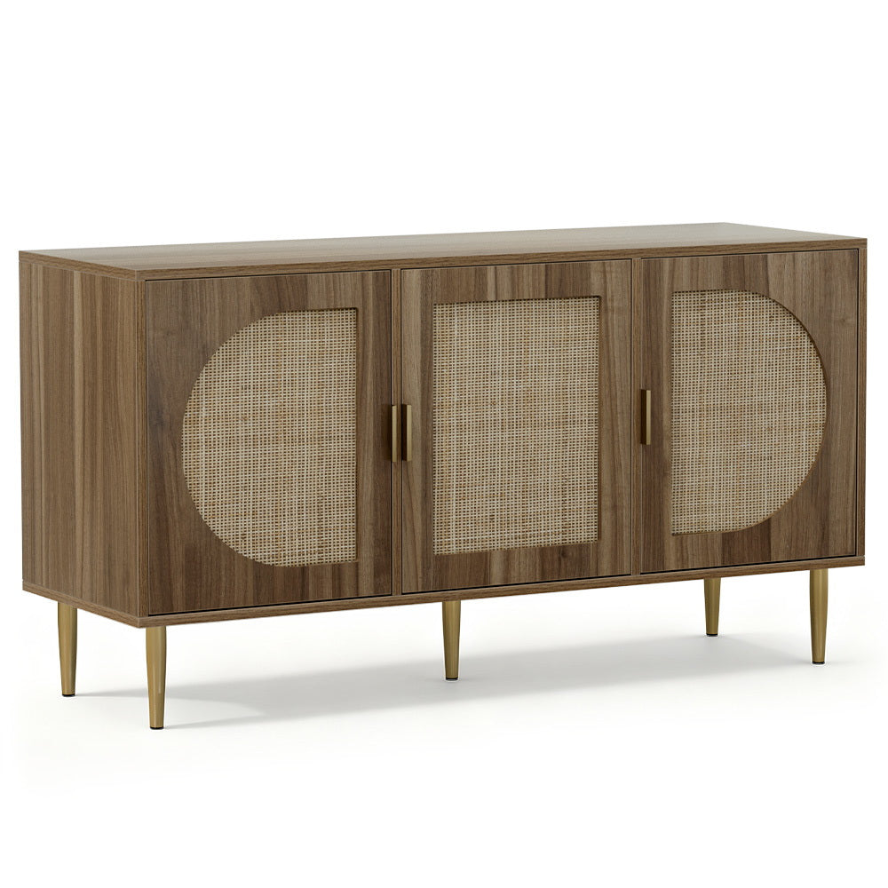 Retro Modern Classic Rattan Buffet Sideboard 3 Door Storage Cupboard - Dark Oak - Homecoze