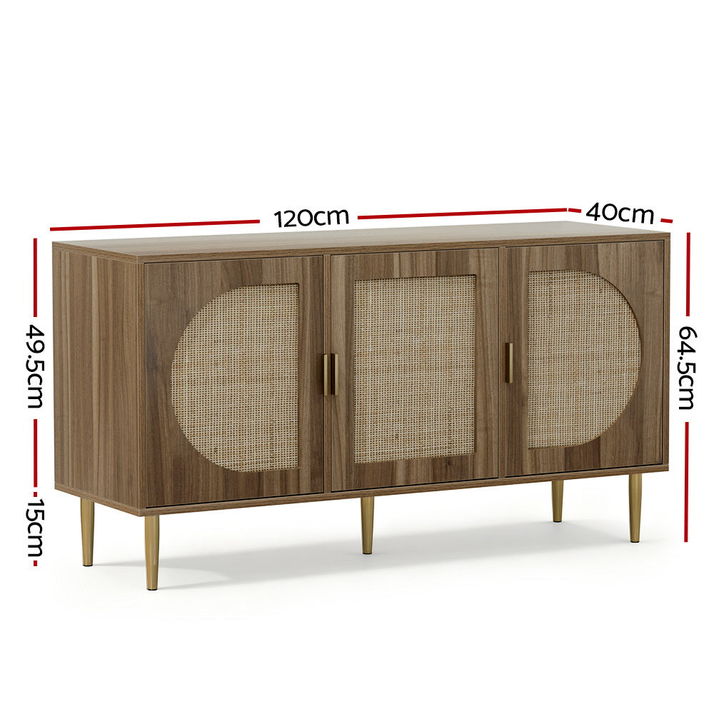 Retro Modern Classic Rattan Buffet Sideboard 3 Door Storage Cupboard - Dark Oak - Homecoze