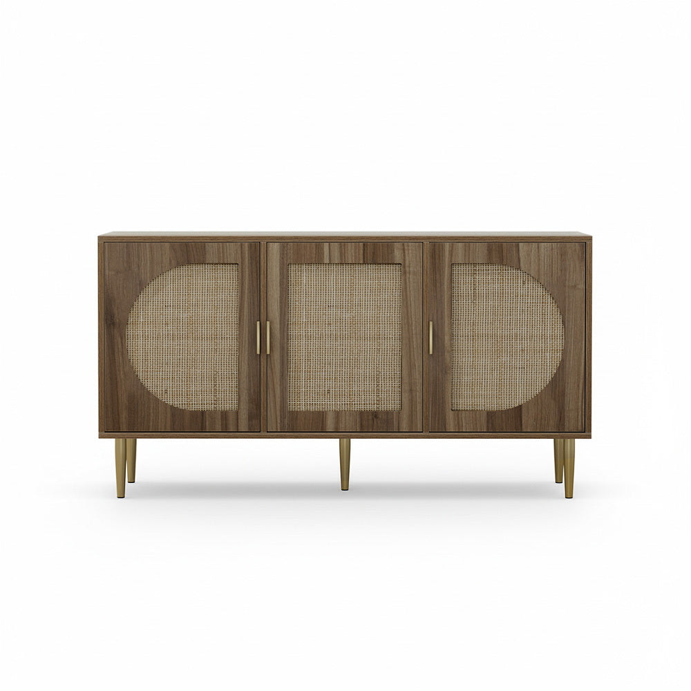 Retro Modern Classic Rattan Buffet Sideboard 3 Door Storage Cupboard - Dark Oak - Homecoze