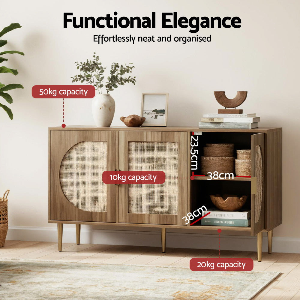 Retro Modern Classic Rattan Buffet Sideboard 3 Door Storage Cupboard - Dark Oak - Homecoze