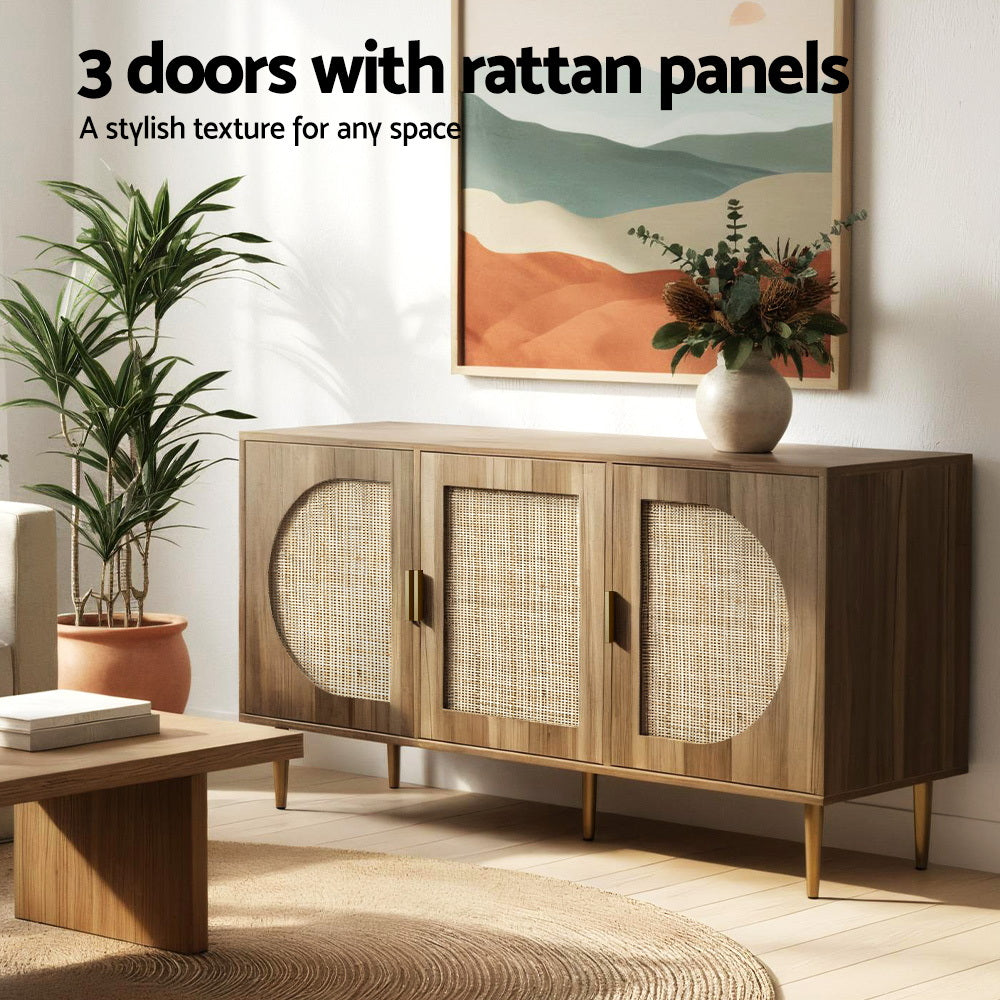 Retro Modern Classic Rattan Buffet Sideboard 3 Door Storage Cupboard - Dark Oak - Homecoze