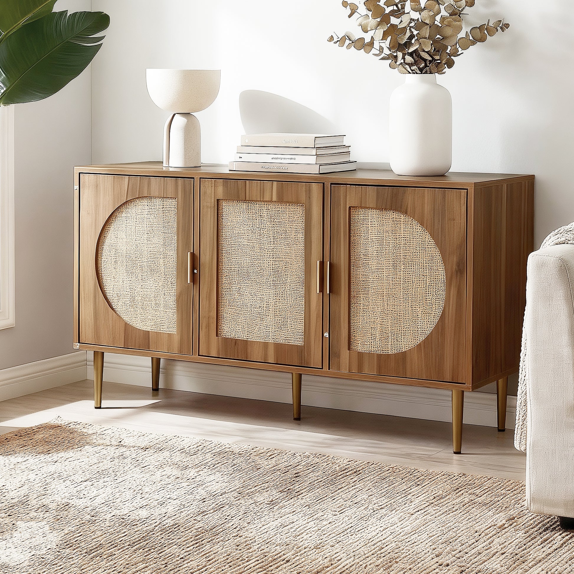 Retro Modern Classic Rattan Buffet Sideboard 3 Door Storage Cupboard - Dark Oak - Homecoze
