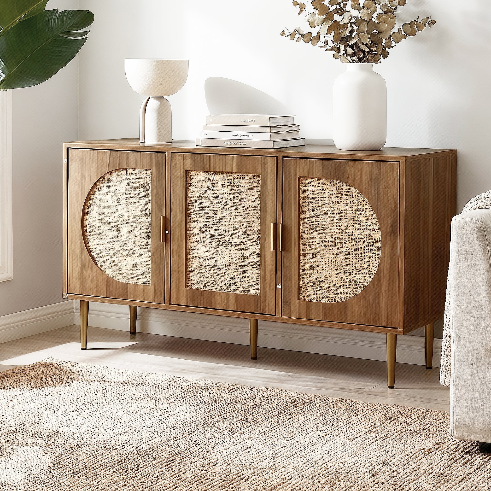 Retro Modern Classic Rattan Buffet Sideboard 3 Door Storage Cupboard - Dark Oak - Homecoze