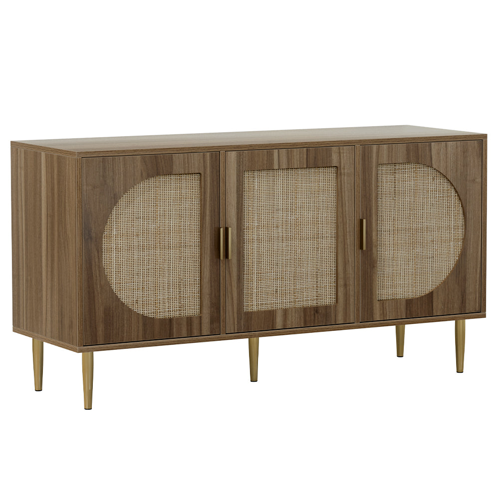 Retro Modern Classic Rattan Buffet Sideboard 3 Door Storage Cupboard - Dark Oak - Homecoze