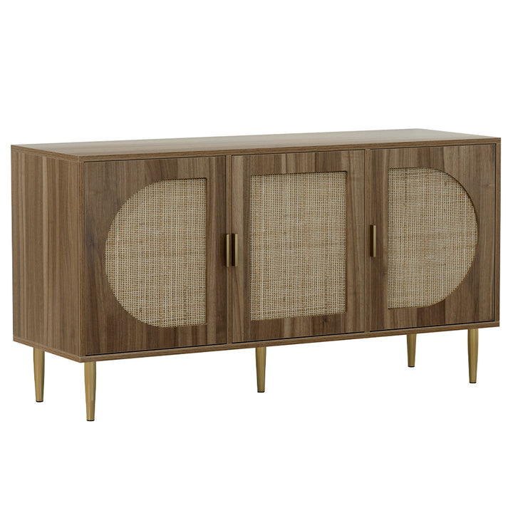 Retro Modern Classic Rattan Buffet Sideboard 3 Door Storage Cupboard - Dark Oak - Homecoze