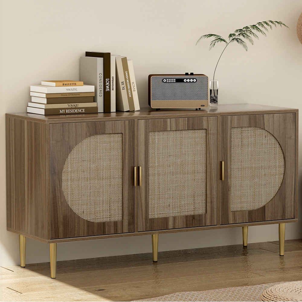 Retro Modern Classic Rattan Buffet Sideboard 3 Door Storage Cupboard - Dark Oak - Homecoze