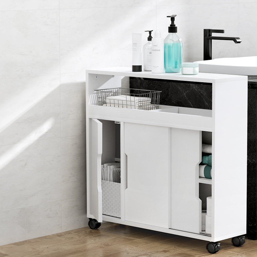 Bathroom Laundry Slim Storage Caddy 3 Door Cabinet Toilet Cupboard - White - Homecoze