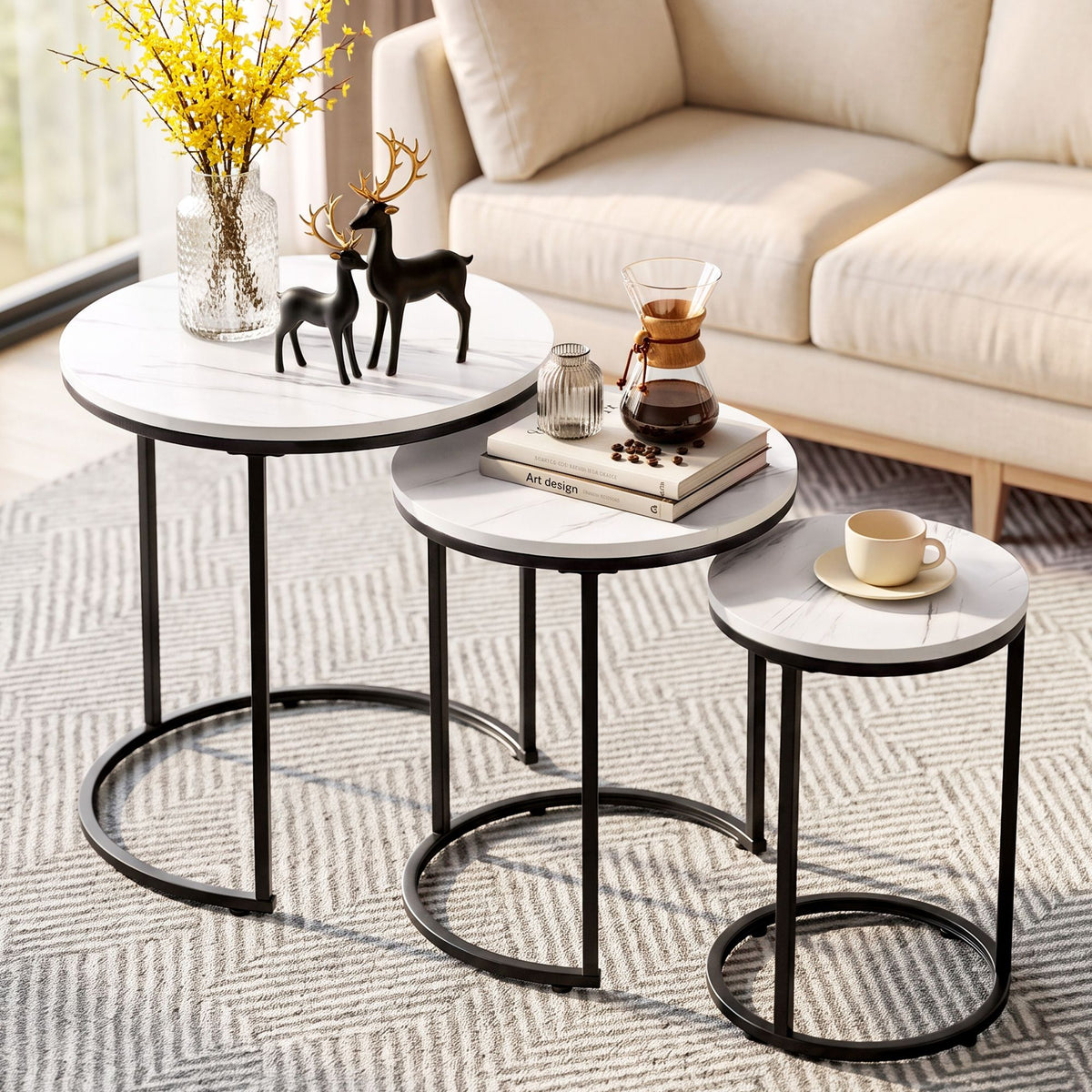 Talia (Set of 3) Nesting Coffee Tables – White & Black