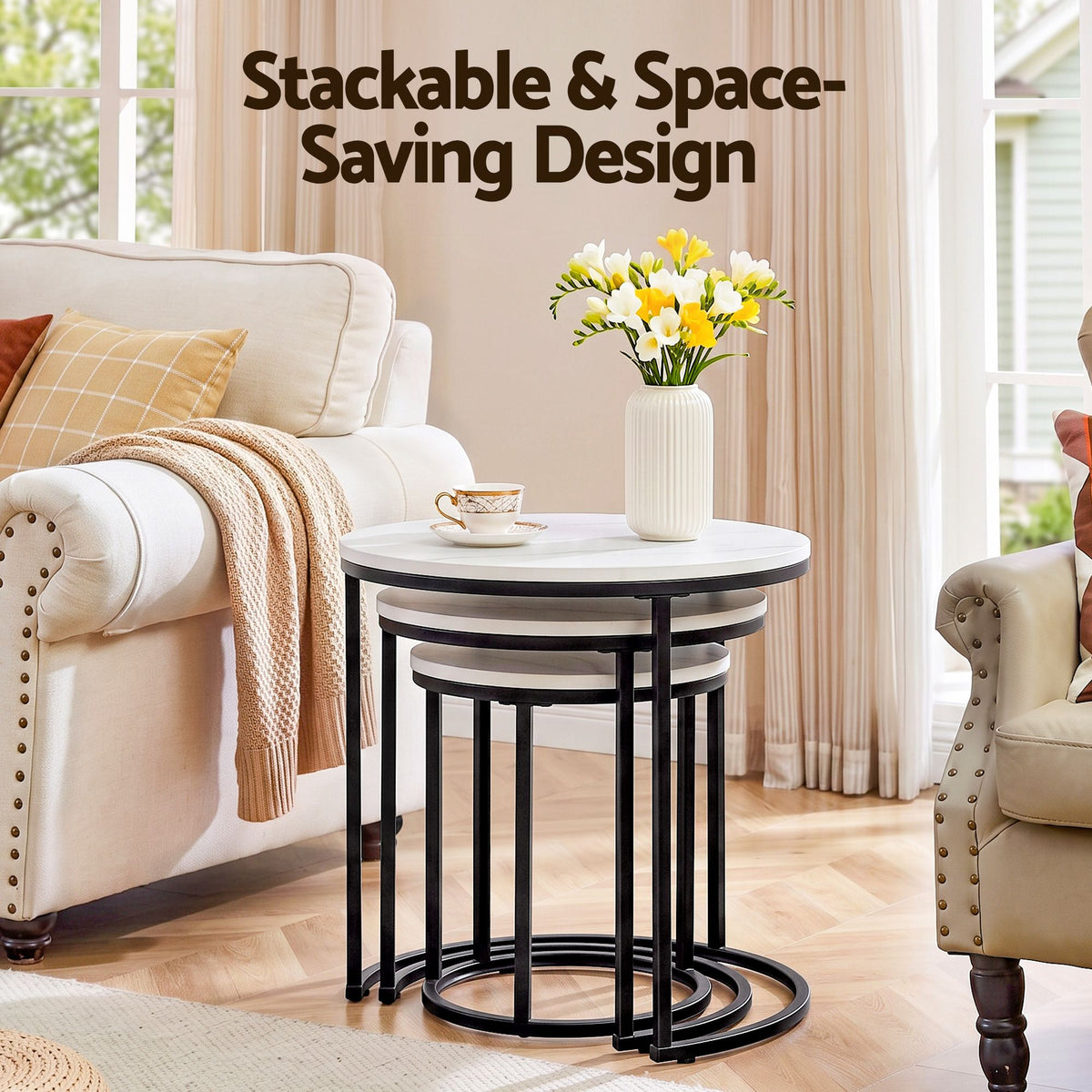 Talia (Set of 3) Nesting Coffee Tables – White & Black