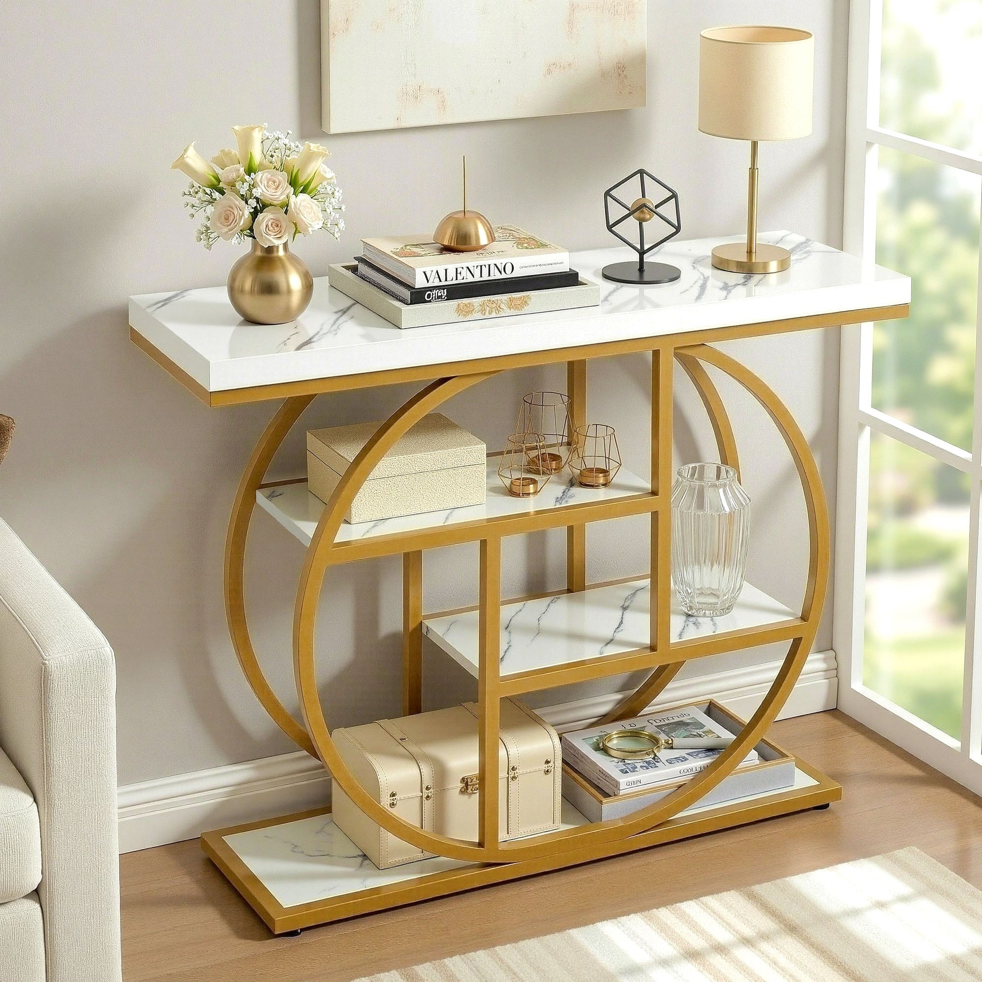 Artiss Console Table Marble Effect 4-Tier Shelves 105CM White&Gold - Homecoze
