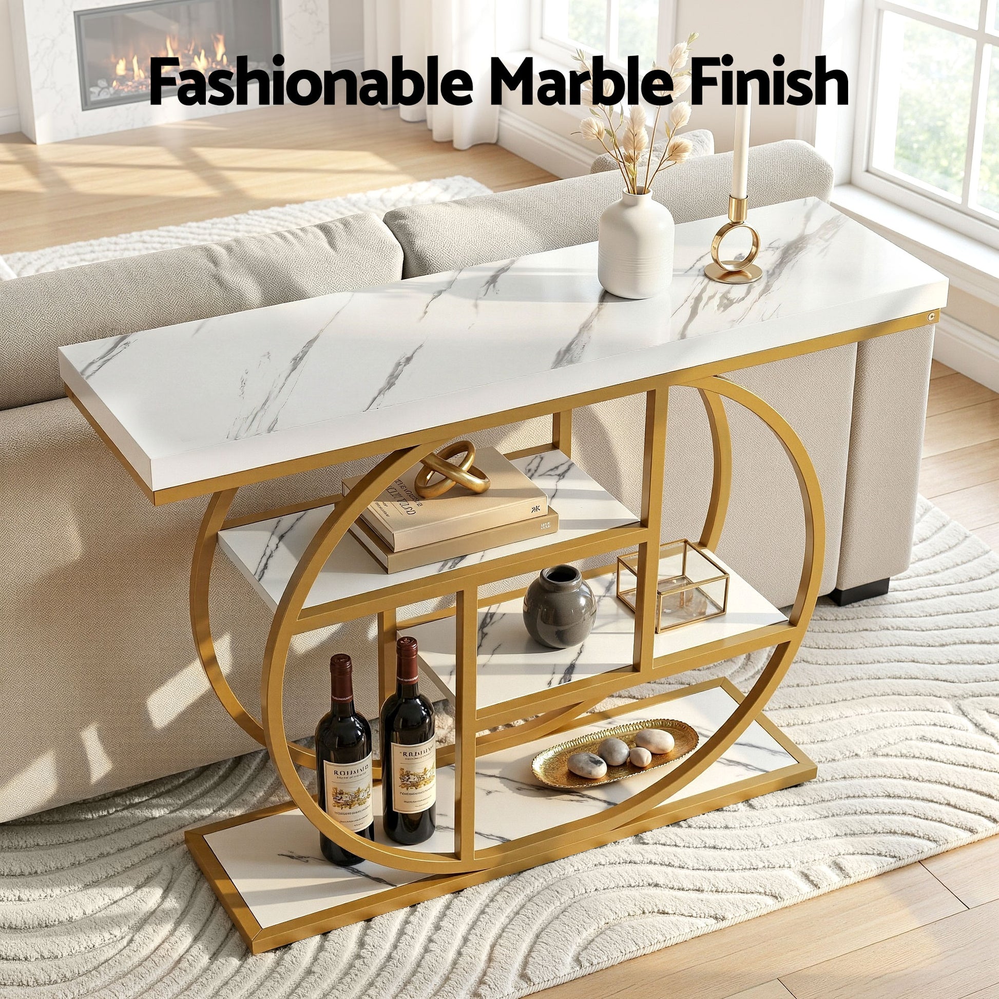 Artiss Console Table Marble Effect 4-Tier Shelves 105CM White&Gold - Homecoze