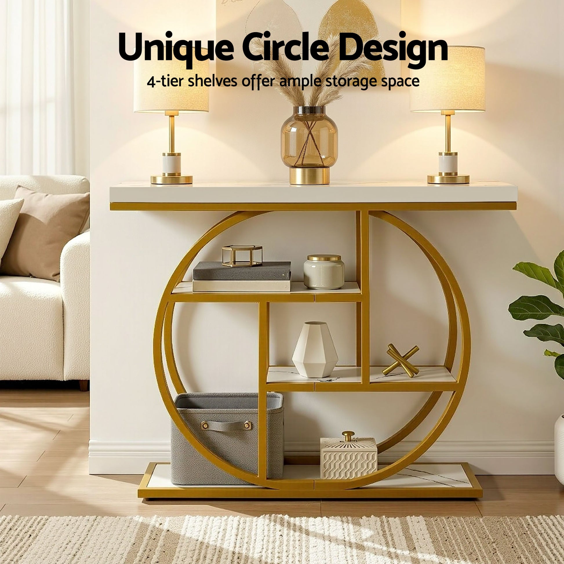 Artiss Console Table Marble Effect 4-Tier Shelves 105CM White&Gold - Homecoze