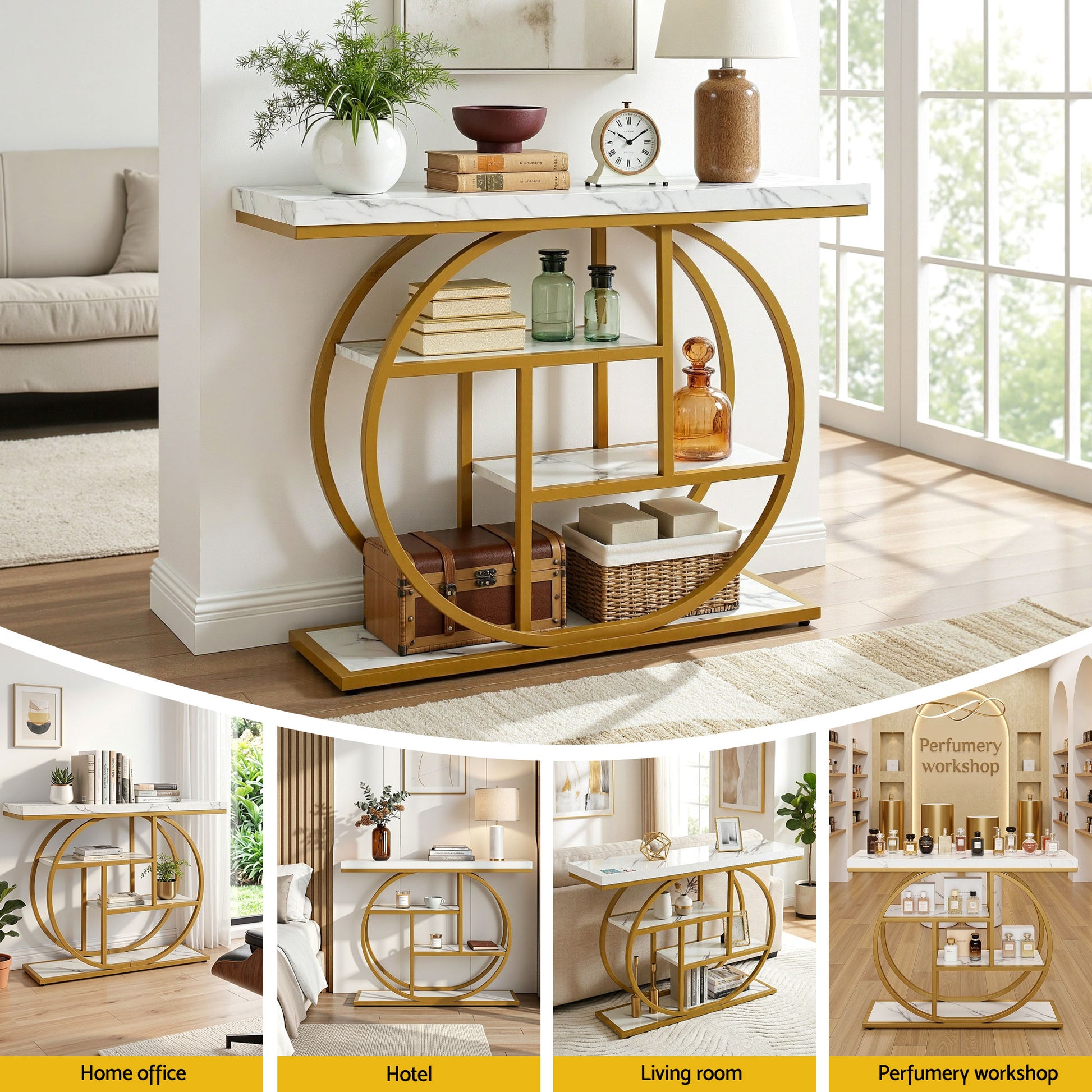 Artiss Console Table Marble Effect 4-Tier Shelves 105CM White&Gold - Homecoze