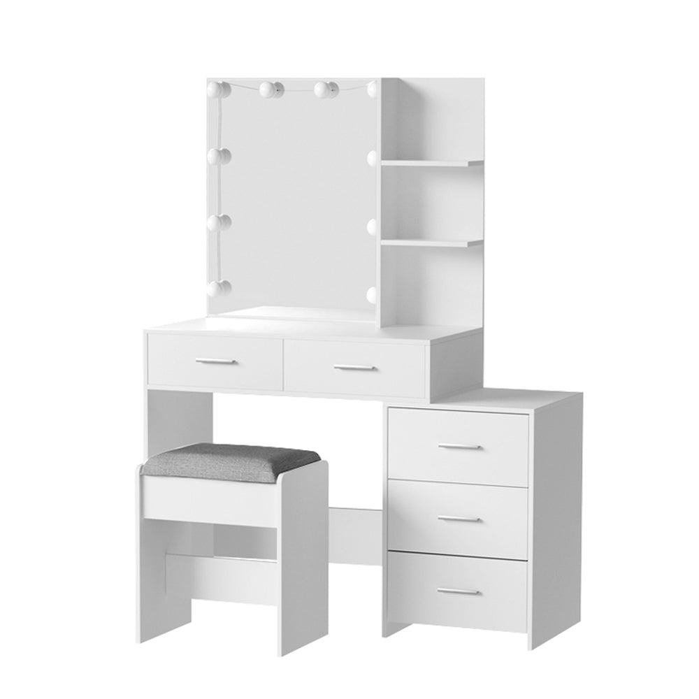Dressing Table LED Makeup Mirror Stool & Drawer Bedroom Vanity Set - White - Homecoze