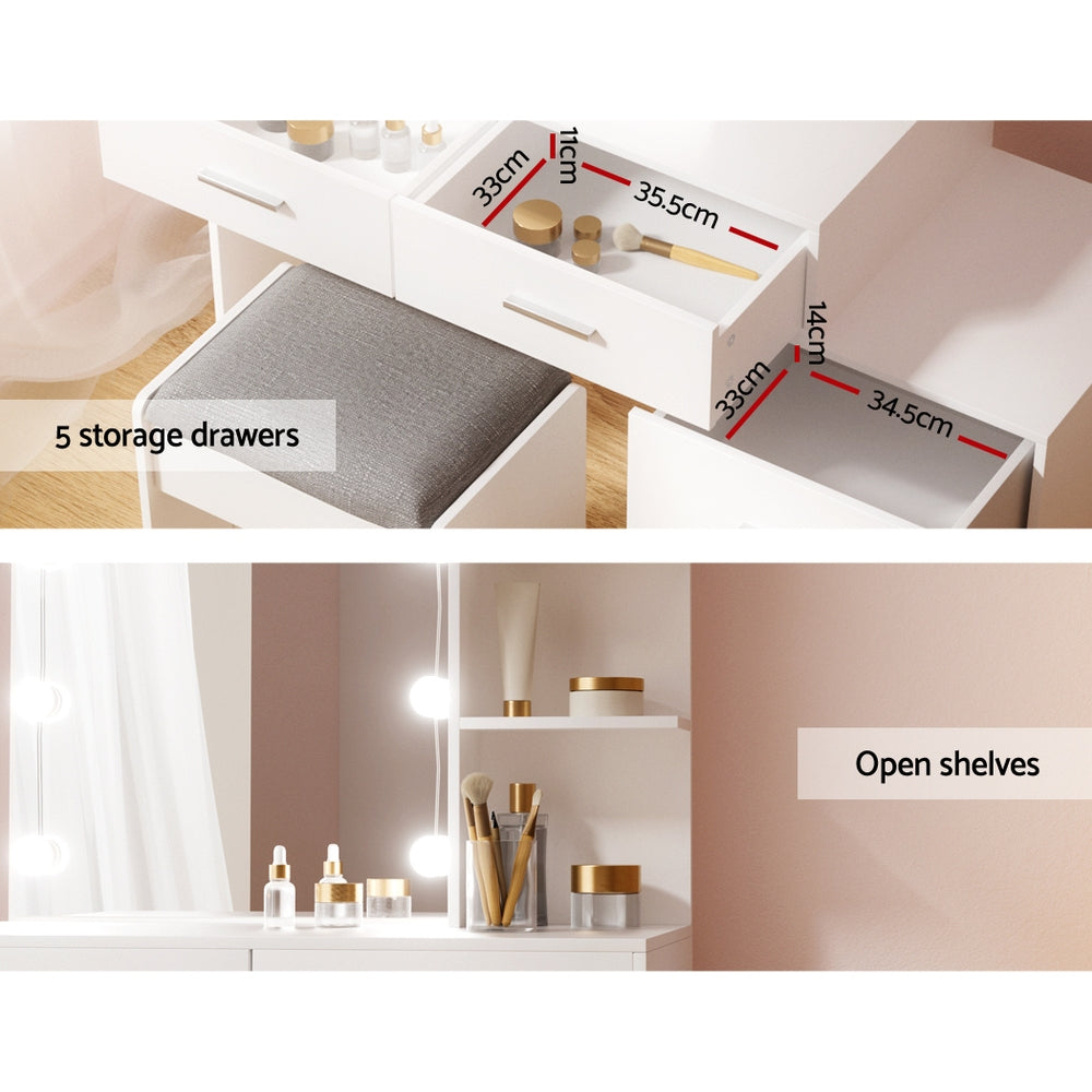 Dressing Table LED Makeup Mirror Stool & Drawer Bedroom Vanity Set - White - Homecoze