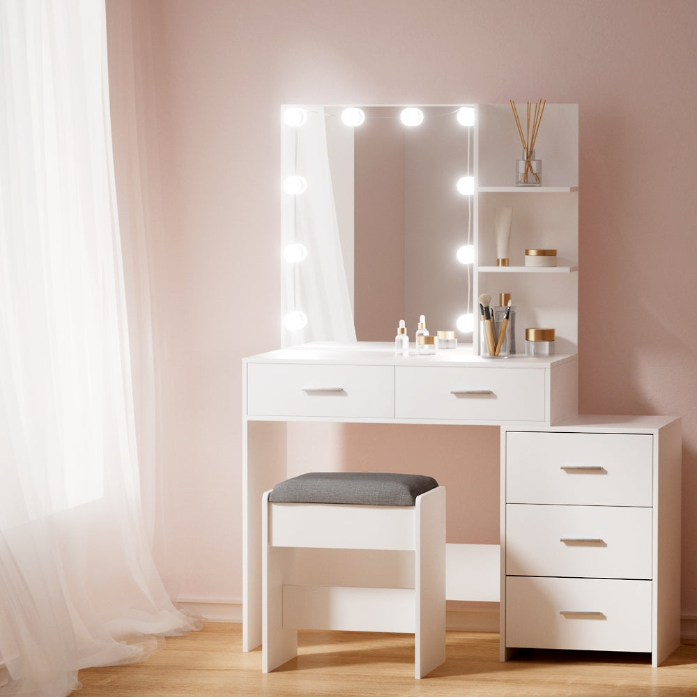Dressing Table LED Makeup Mirror Stool & Drawer Bedroom Vanity Set - White - Homecoze