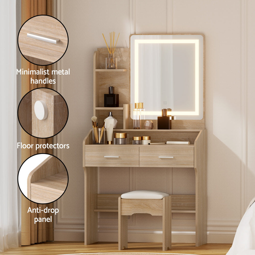 Artiss Dressing Table Set Stool Led Wood - Homecoze