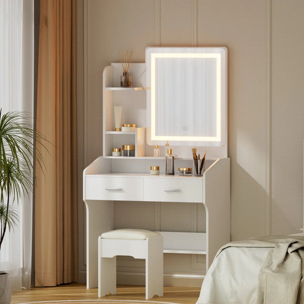 Elisia LED Dressing Table & Stool – White - Homecoze