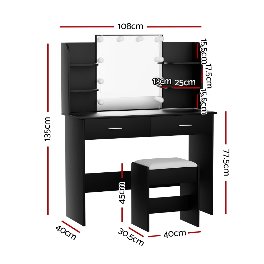 Dressing Table LED Makeup Mirror Stool Set Bedroom Vanity - Black - Homecoze