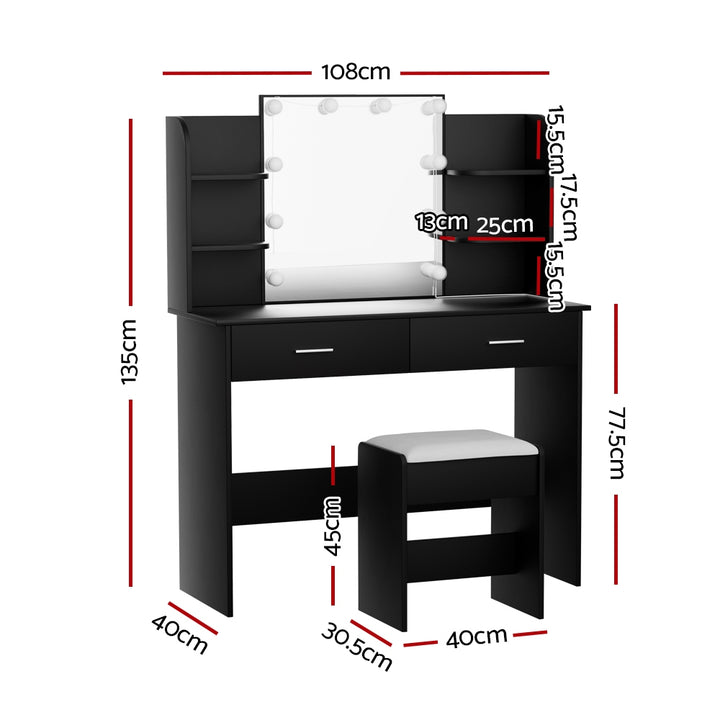 Dressing Table LED Makeup Mirror Stool Set Bedroom Vanity - Black - Homecoze