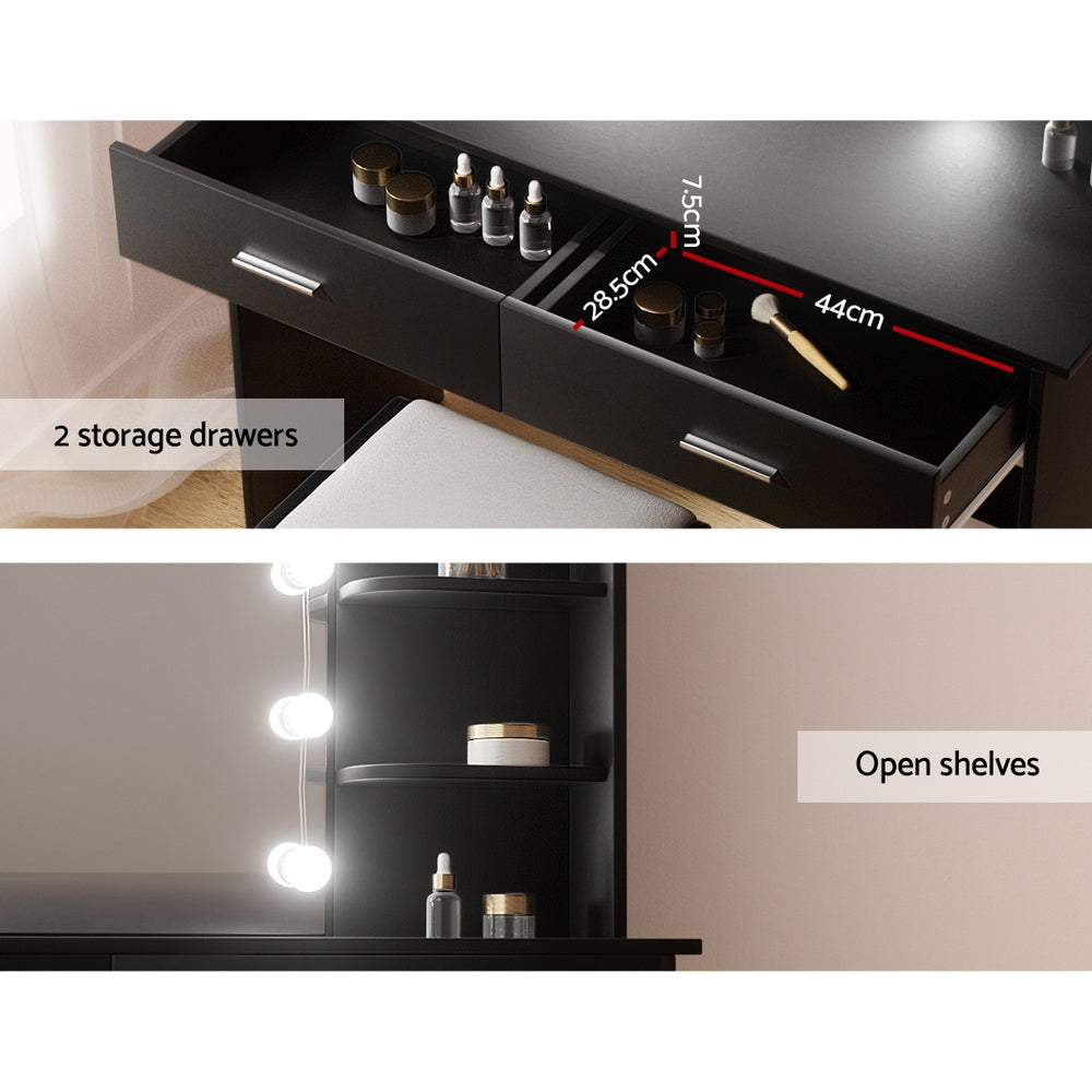 Dressing Table LED Makeup Mirror Stool Set Bedroom Vanity - Black - Homecoze