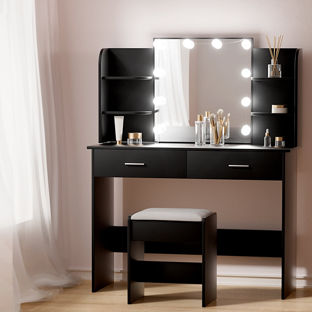 Dressing Table LED Makeup Mirror Stool Set Bedroom Vanity - Black - Homecoze