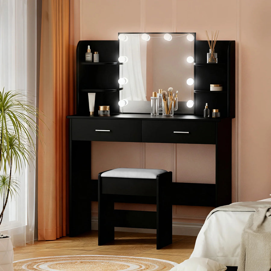 Bianca LED Dressing Table & Stool – Black - Homecoze