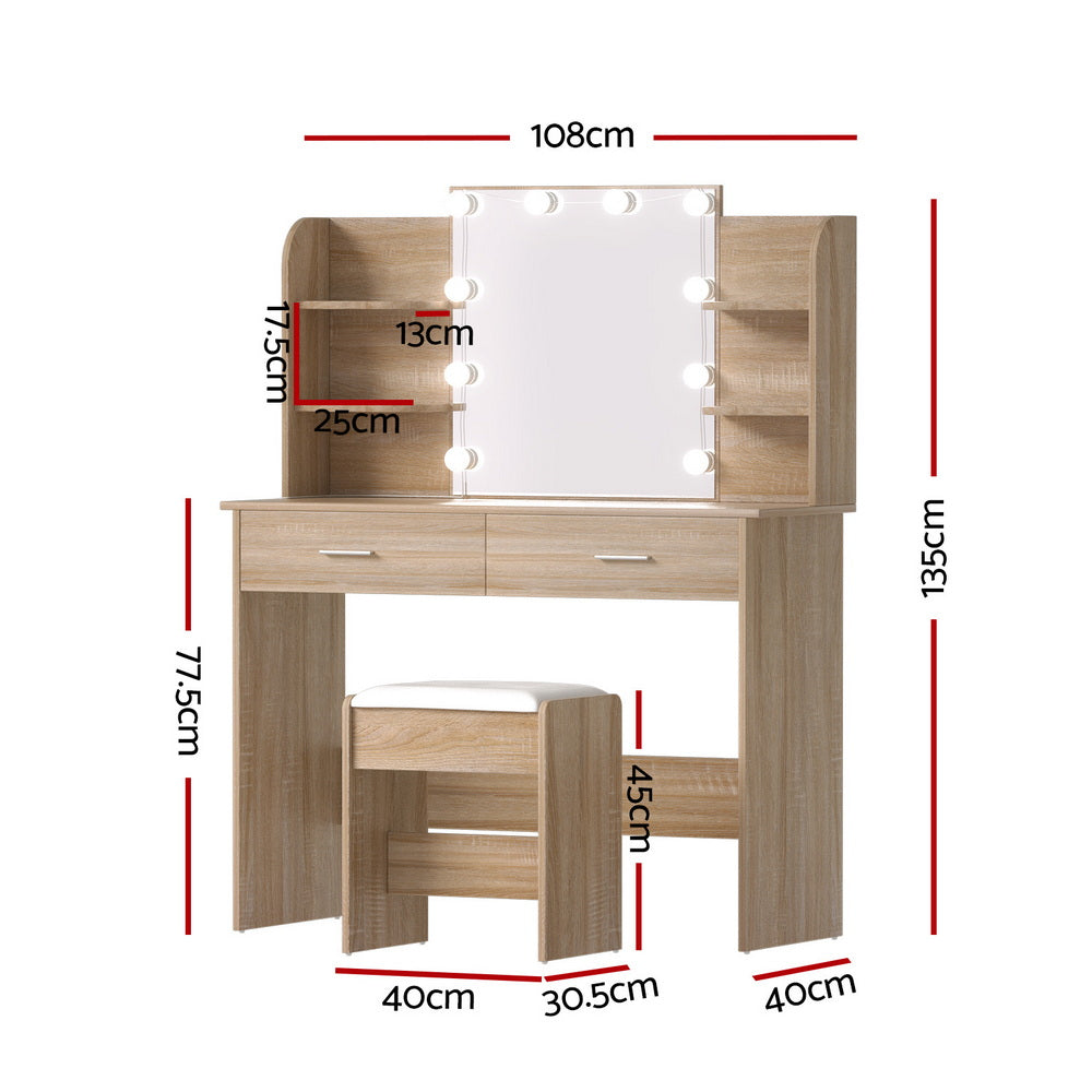 Artiss Dressing Table Set Stool 10 Led Bulbs Wood - Homecoze