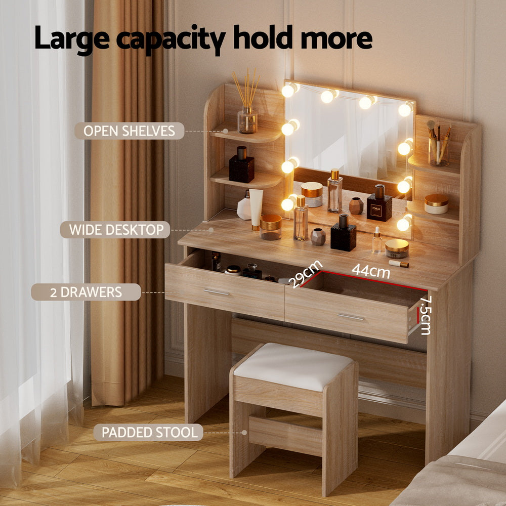 Artiss Dressing Table Set Stool 10 Led Bulbs Wood - Homecoze