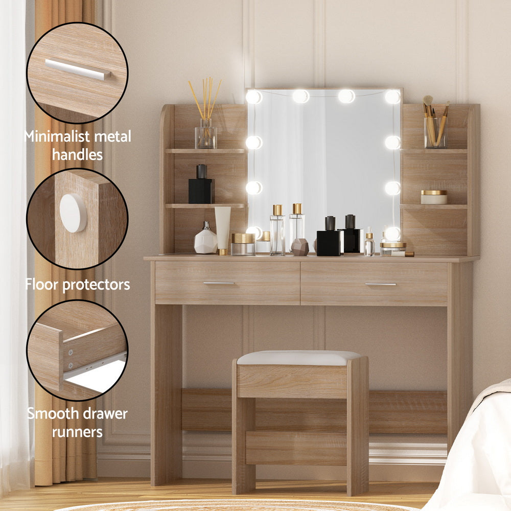 Artiss Dressing Table Set Stool 10 Led Bulbs Wood - Homecoze