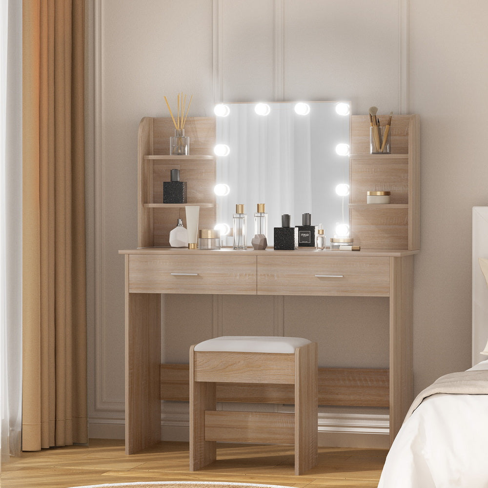 Artiss Dressing Table Set Stool 10 Led Bulbs Wood - Homecoze