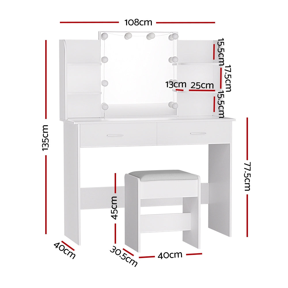 Dressing Table LED Makeup Mirror Stool Set Bedroom Vanity Set - White - Homecoze