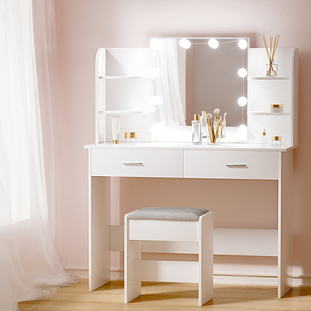 Dressing Table LED Makeup Mirror Stool Set Bedroom Vanity Set - White - Homecoze