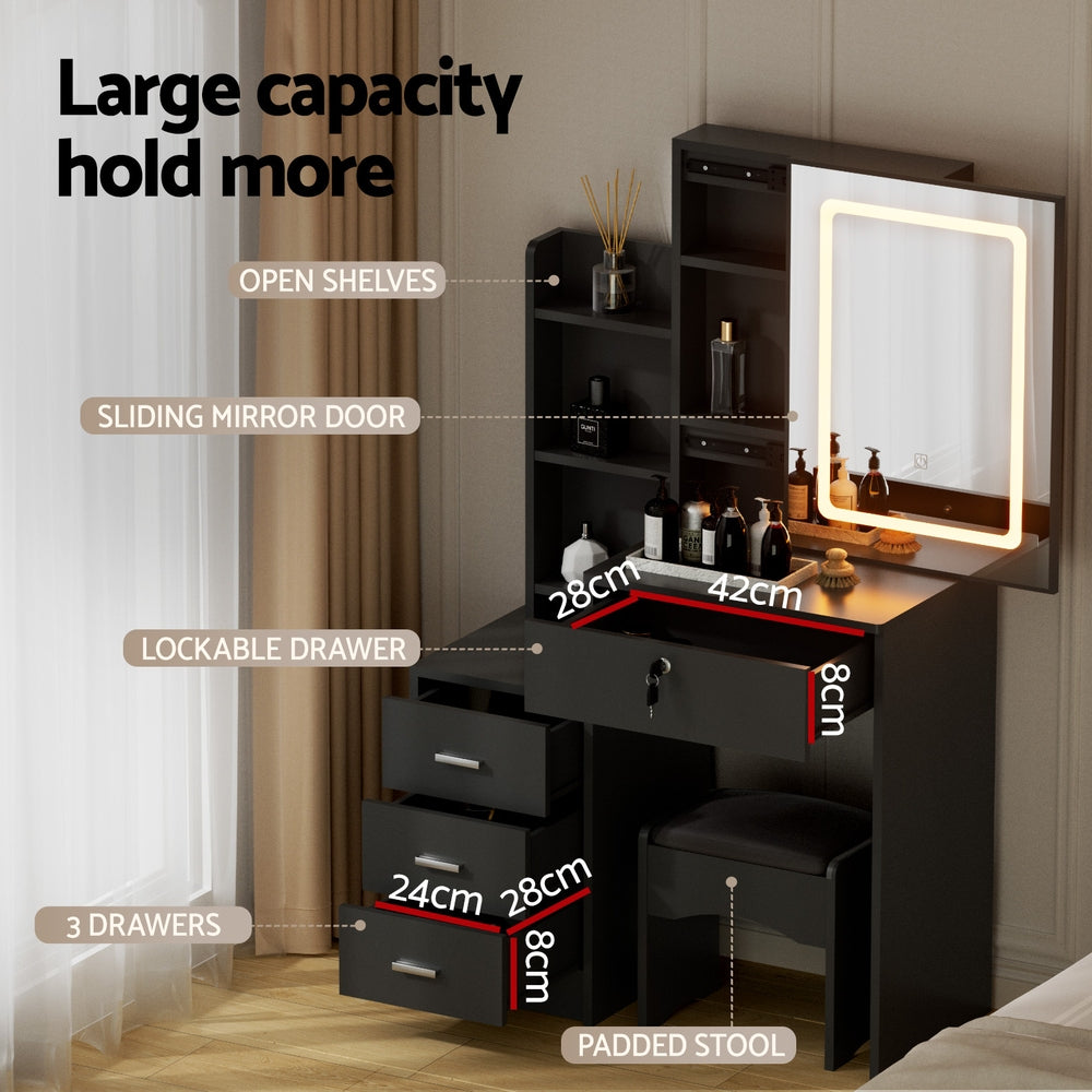 Artiss Dressing Table Vanity Desk Set Stool Led Black - Homecoze